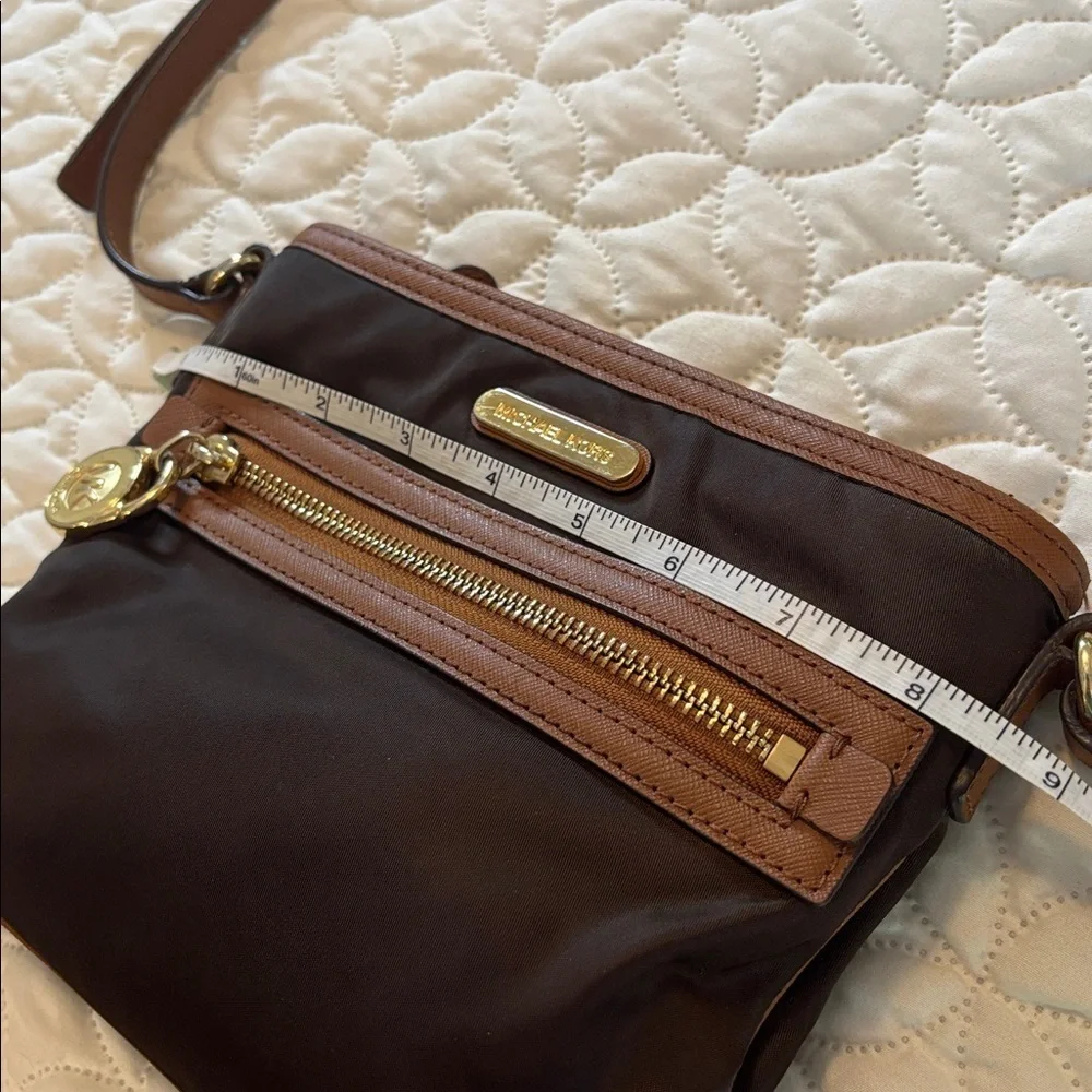 Michael Kors Two Tone Brown Crossbody Bag with Leather and Brass Accents Small